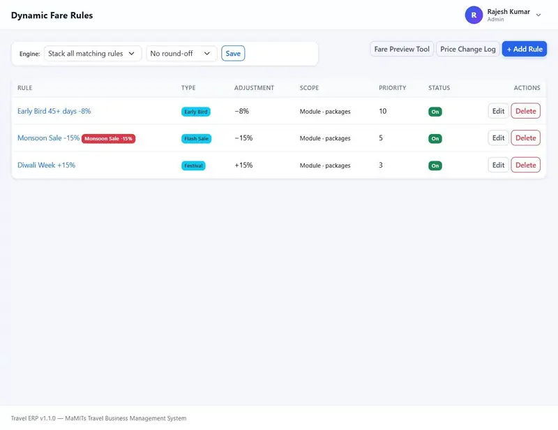 Dynamic Fare Engine rules list with engine settings for stacking rules or applying the highest priority