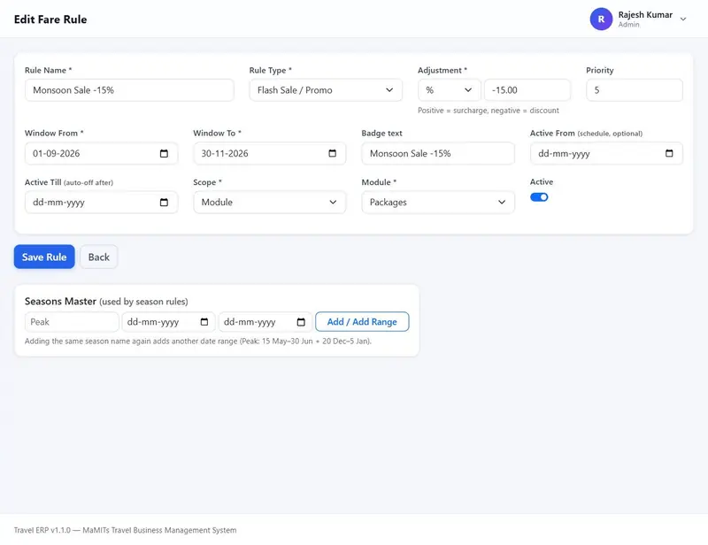 Fare rule editor with rule type, percent or flat adjustment, priority, scope and dates