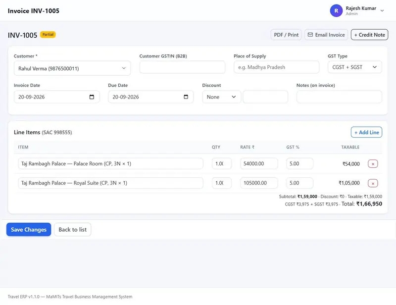 GST invoice form with customer GSTIN, place of supply, GST type, discount and line items
