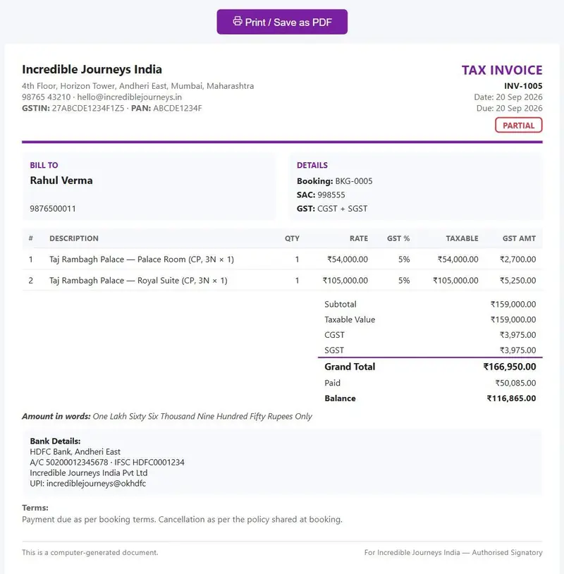Printed GST tax invoice for a travel booking with GSTIN, PAN, place of supply, SAC code, CGST and SGST rows and amount in words