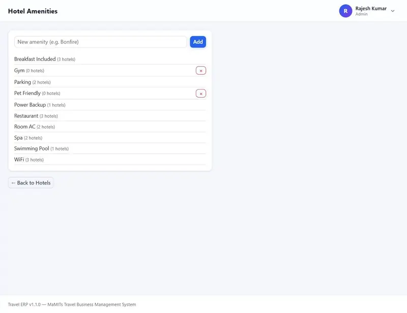 Hotel amenities master list used by the hotel reservation software
