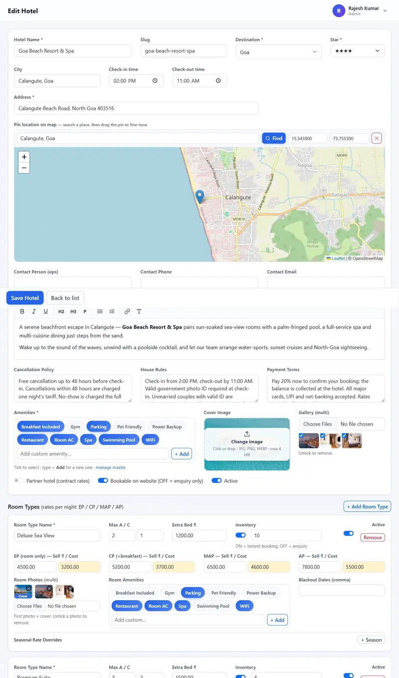 Hotel editor with details, map location, contacts, description, policies, amenities, images, room types with rates and seasonal overrides