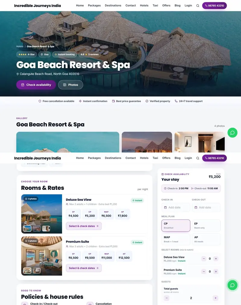Online hotel booking system page with gallery, room cards marked Instant or On request and the Your stay booking box