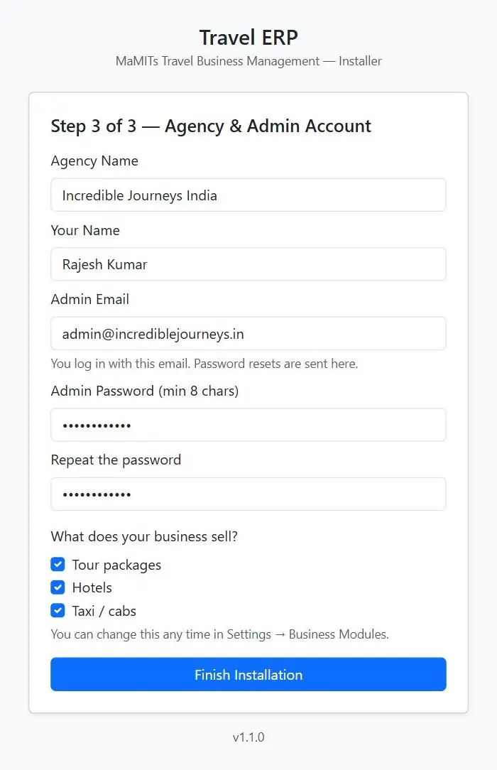 Installer step 3 with agency name, admin account and business lines