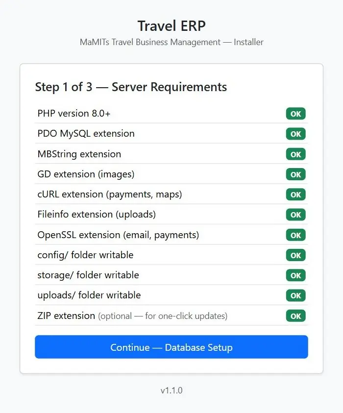 Step 1 of the MaMITs Travel ERP web installer checking server requirements