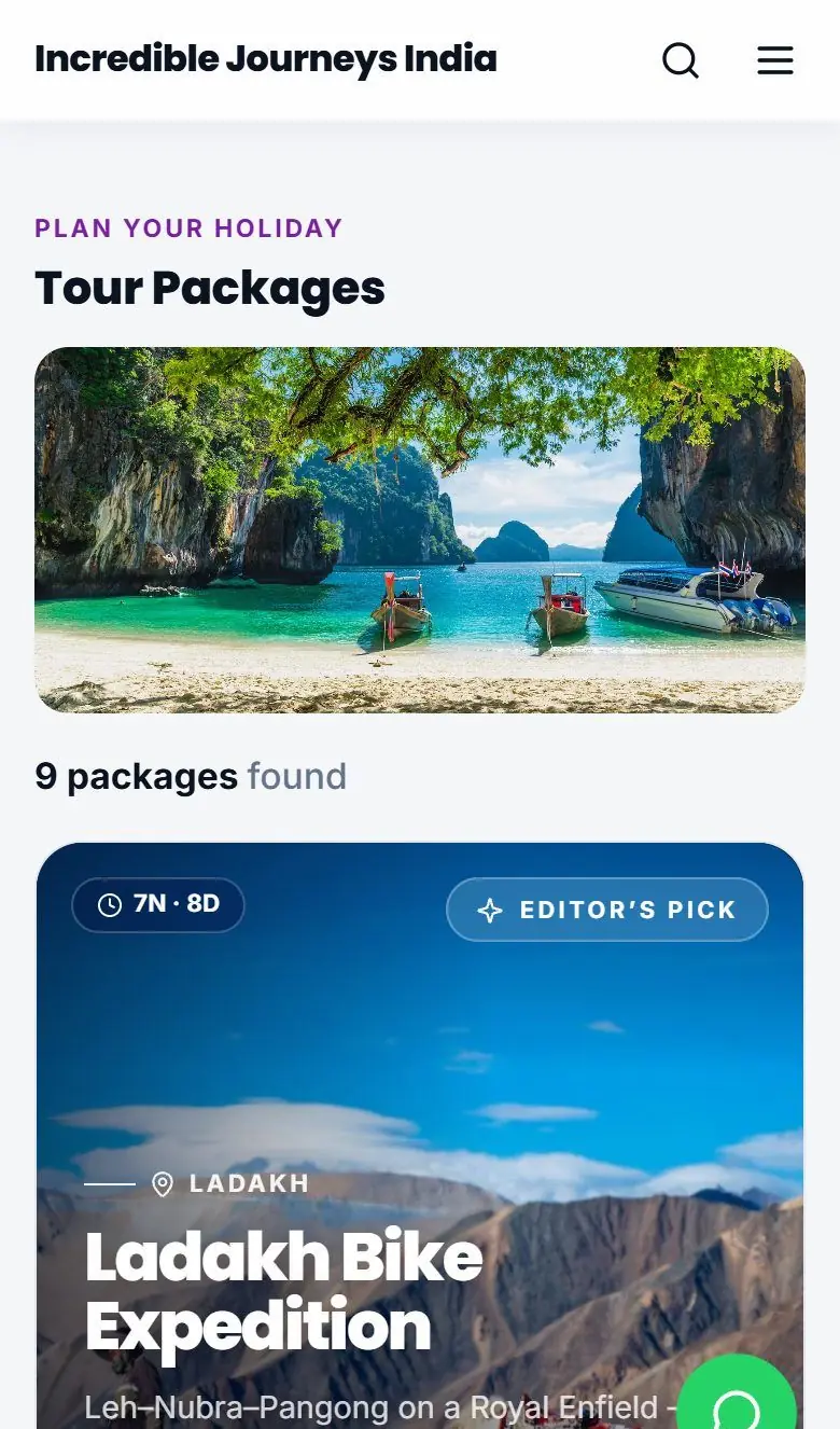 Travel website on a phone with swipe cards and sticky booking buttons