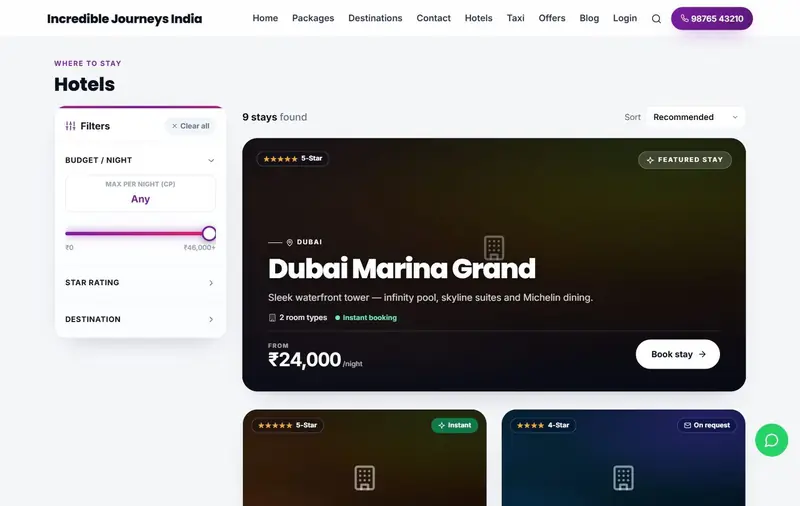 Hotel booking platform listing on the travel agency website with filters by destination, stars and budget