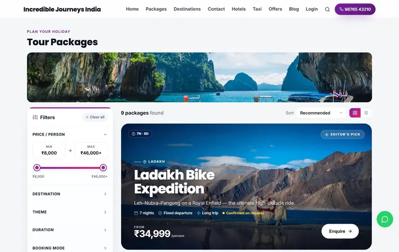 Public tour package listing with filters for destination, theme, duration, budget, type and booking mode