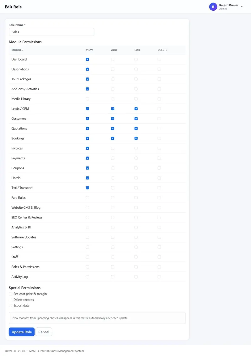 Role editor with View, Add, Edit and Delete permissions for each of the 23 modules plus special permissions