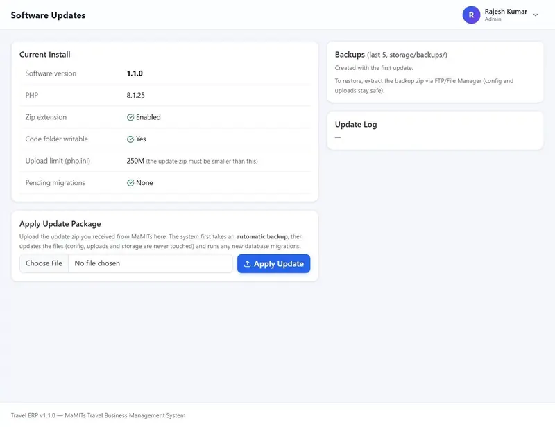Software Updates screen for uploading a new MaMITs Travel ERP version ZIP with automatic backup