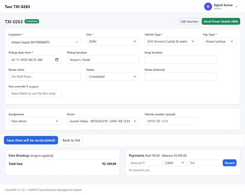 Taxi booking record with pickup and drop points, fare breakup, fare override and driver or vendor assignment
