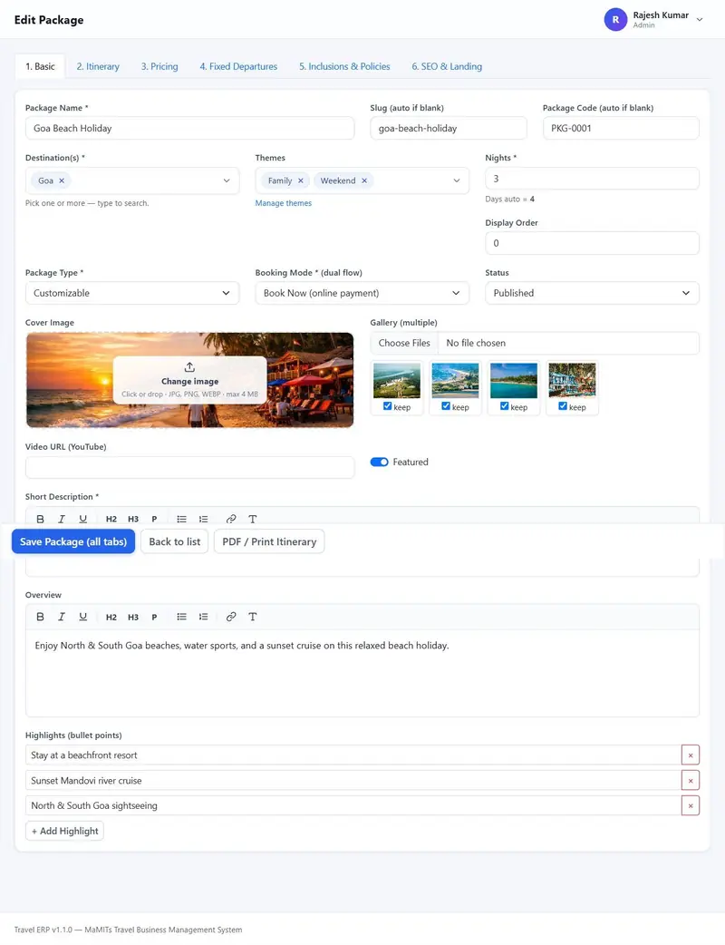 Tour package editor basic tab with name, slug, code, destinations, themes, nights, package type and booking mode