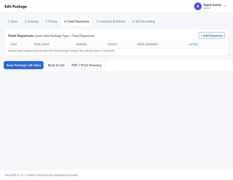 Fixed departures tab with date, total seats, booked seats updated automatically, cutoff and price display