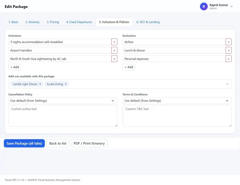 Inclusions and exclusions lists, add-ons, cancellation policy and terms in the package editor