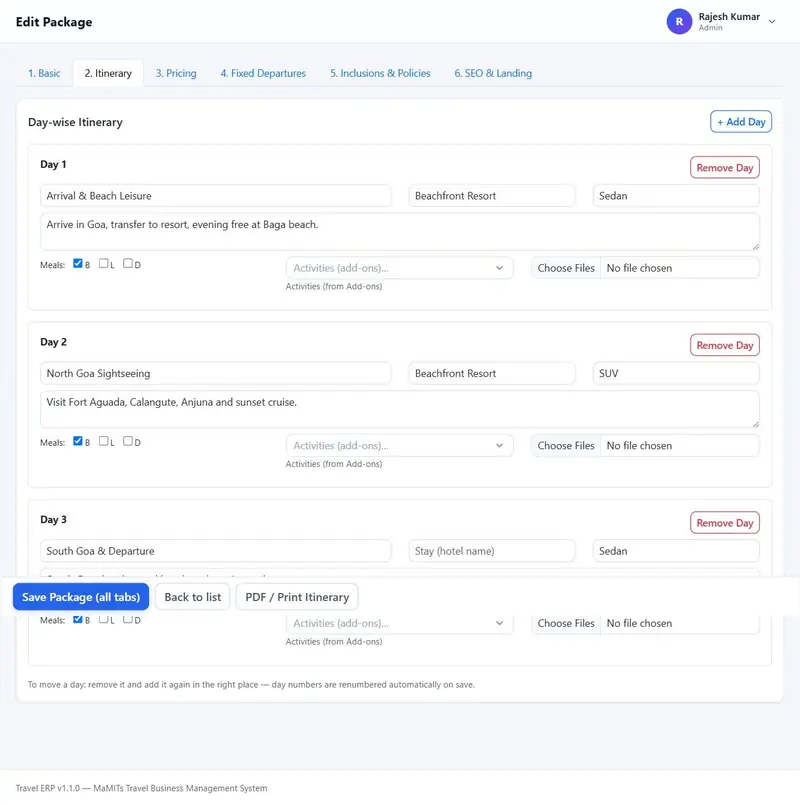 Travel itinerary builder with one card per day showing title, hotel stay, transfer, description, meals and activities