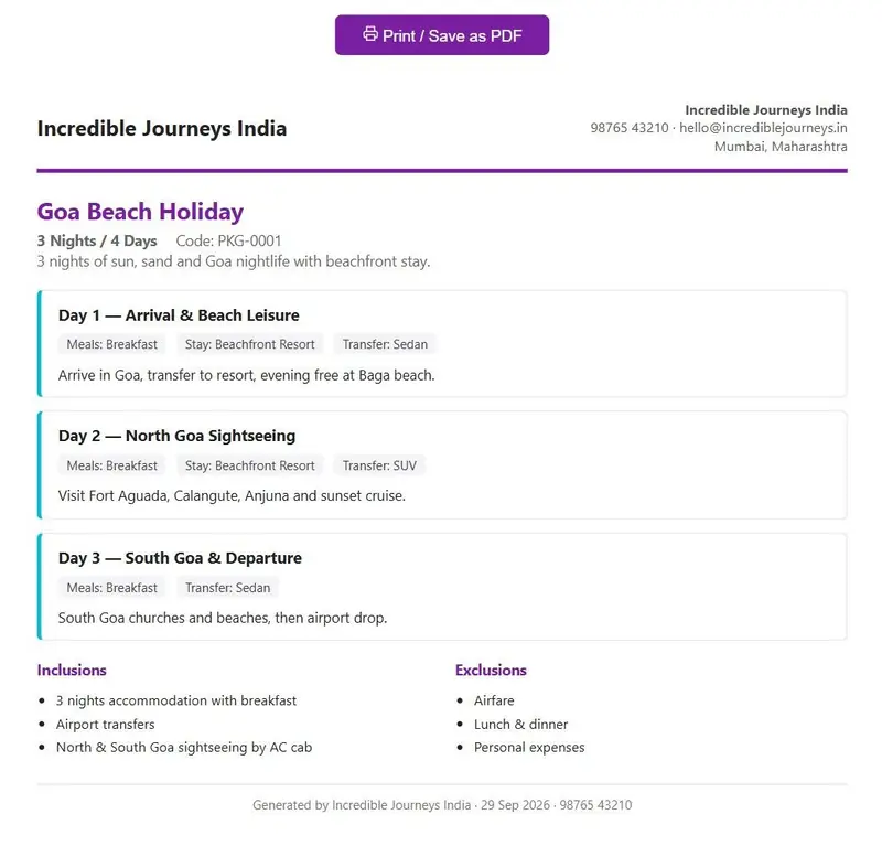 Printable day-by-day tour package itinerary ready to send on WhatsApp or email