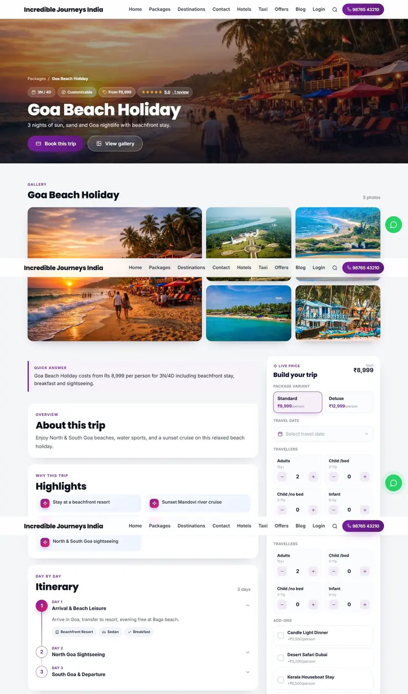 Public tour package page with hero, gallery, highlights, Build your trip price box and day-wise itinerary