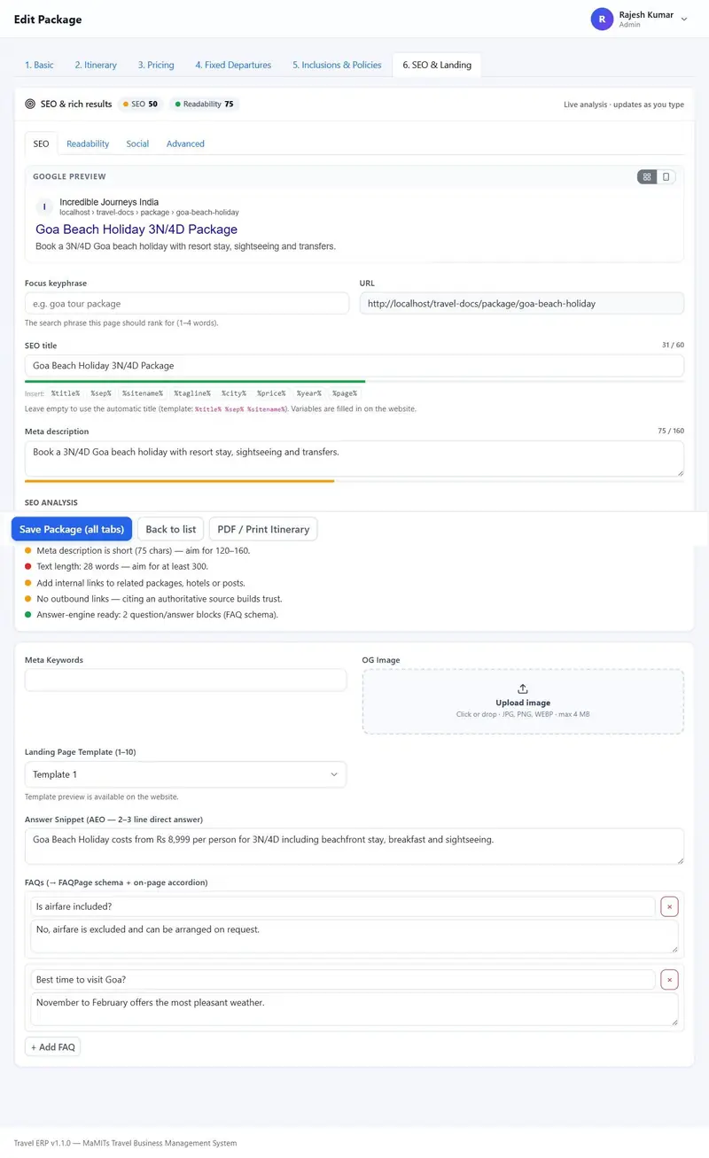SEO and landing tab with SEO panel, meta keywords, share image, AEO quick answer snippet and FAQs