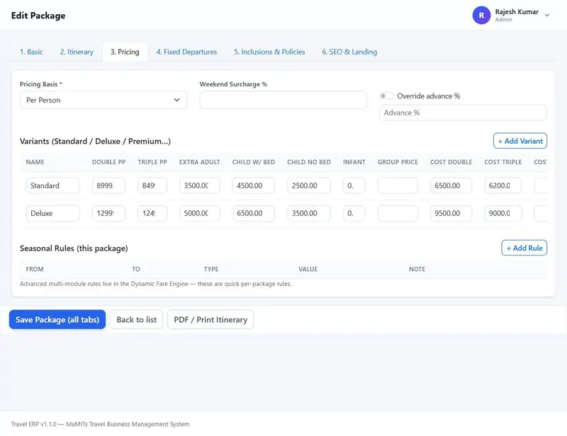 Tour package editor pricing tab with variants and per-person prices