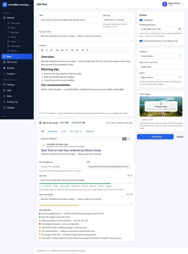 Blog post editor with title, slug, category, author, excerpt, content, tags and cover image