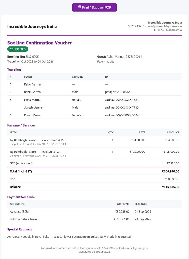 Booking confirmation voucher with travellers, services, totals, paid and balance