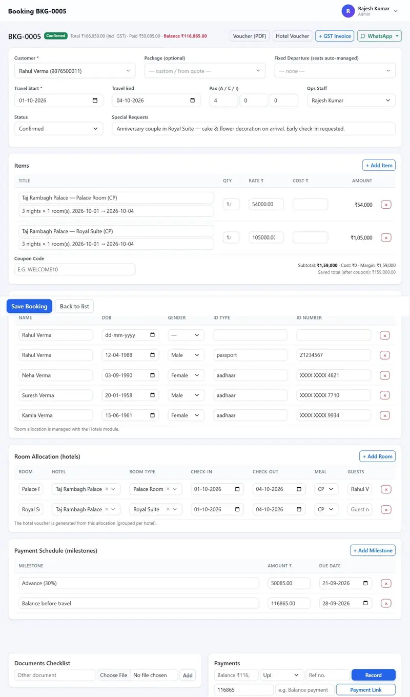 Travel booking management screen with totals bar, items, travellers, room allocation, payment schedule and document checklist