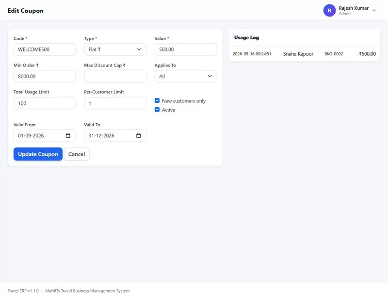 Coupon settings with type, value, minimum order, maximum discount cap, validity, total and per-customer limits