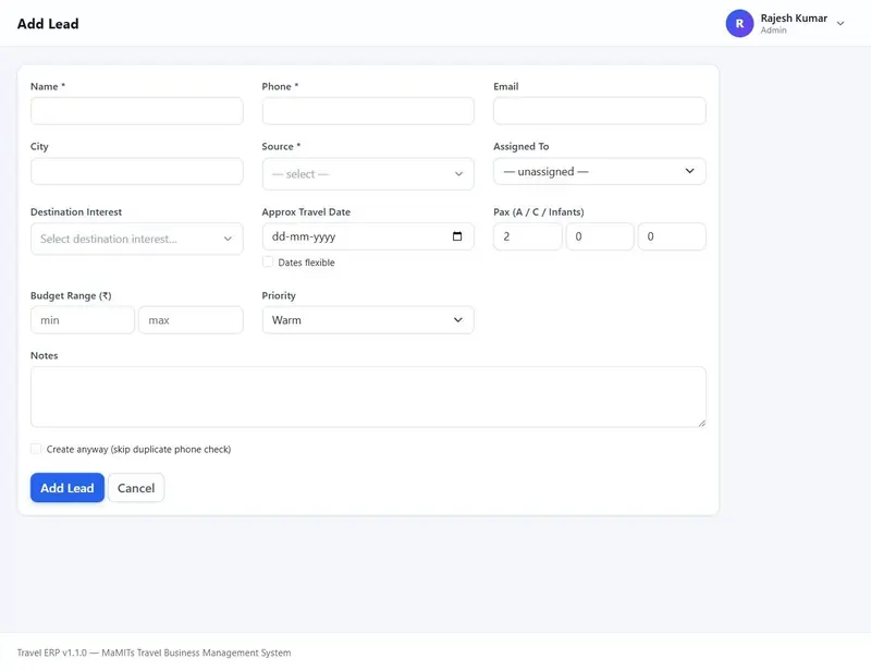 Travel CRM add lead form with contact details, source, assigned staff, destinations of interest and travel date