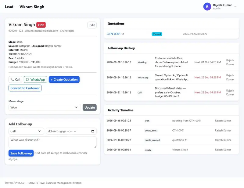 Lead page in the travel CRM with summary, stage change, follow-up history and linked quotations