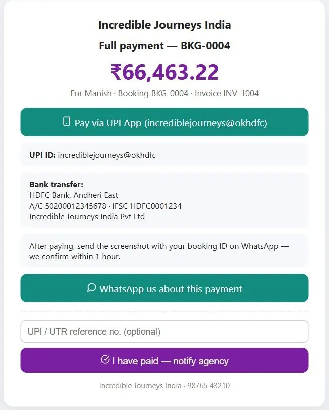 Customer pay page with online payment button, UPI app link, UPI QR code and bank details