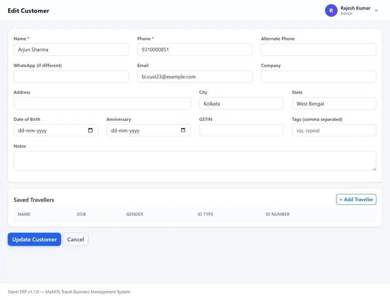 Customer profile form with contact details, GSTIN, date of birth, anniversary, tags and saved travellers