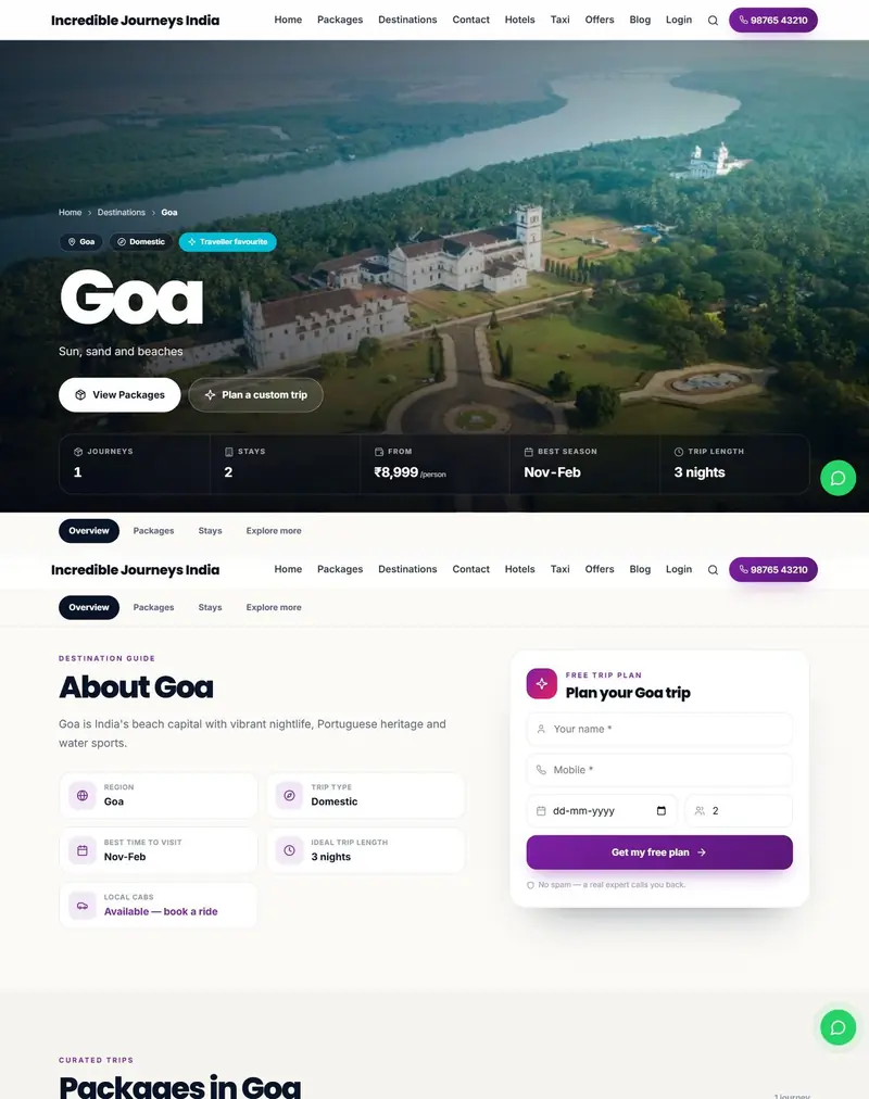 Public destination landing page with hero, stats, packages, upcoming group dates and hotels