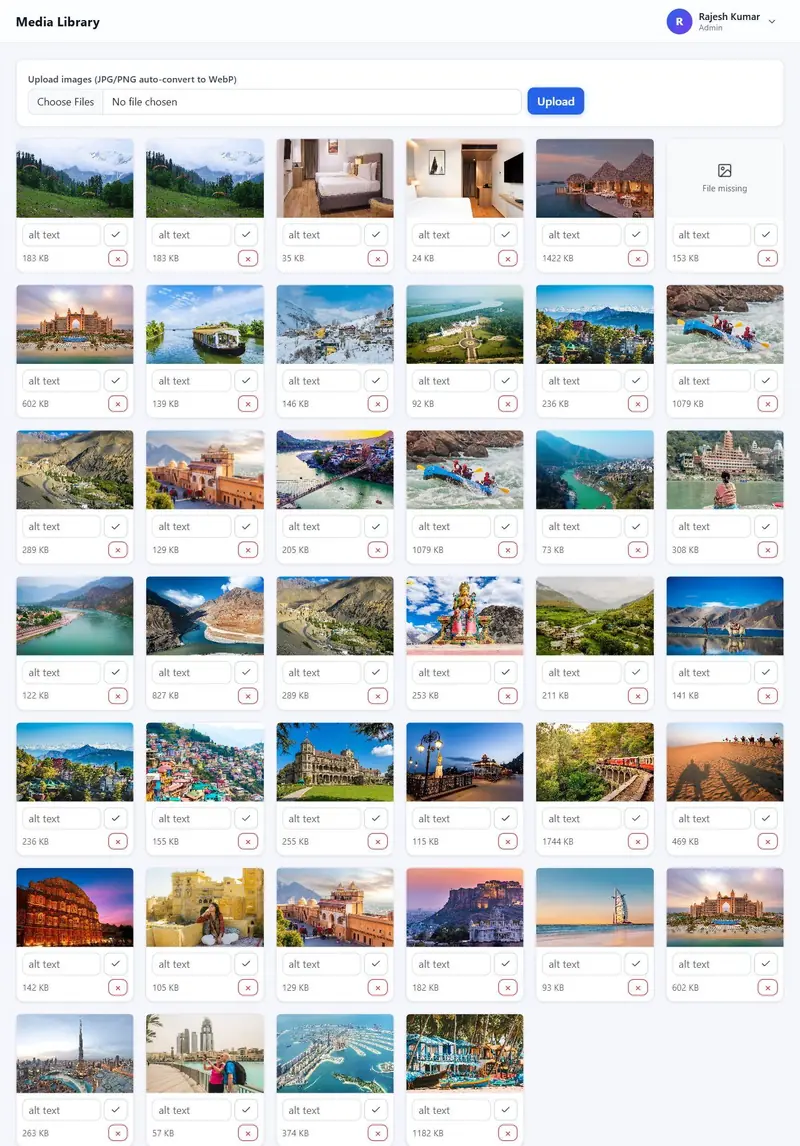 Media Library with several images uploaded at once, alt text fields and where each image is used