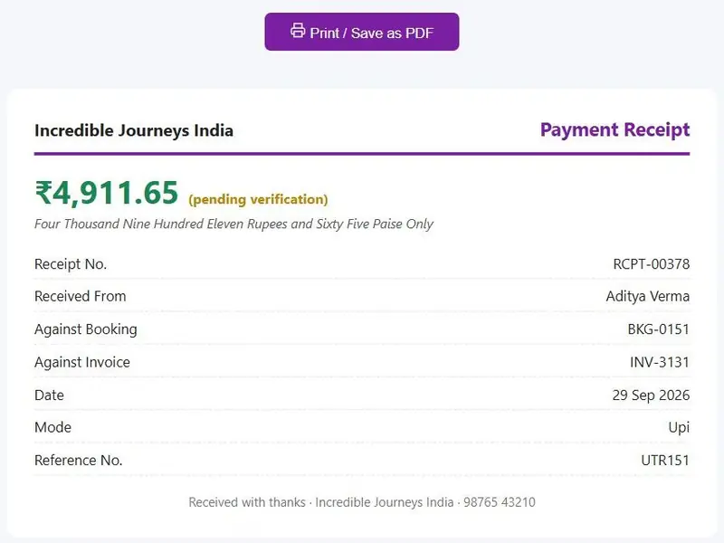 Printable payment receipt with the amount in figures and words