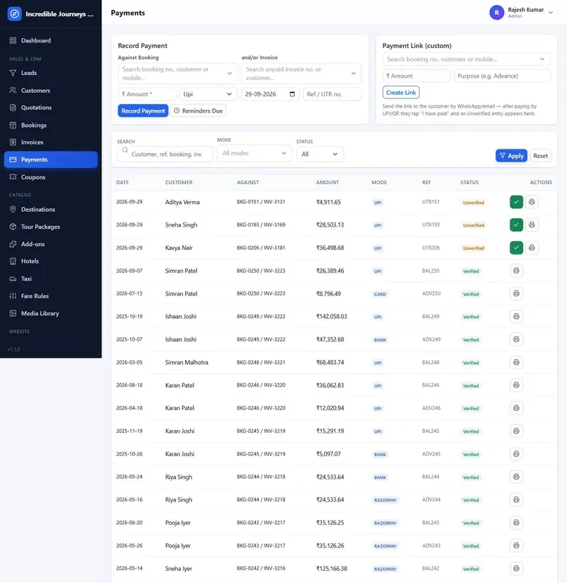 Travel payments screen to record a payment, create a payment link and verify the full payment list