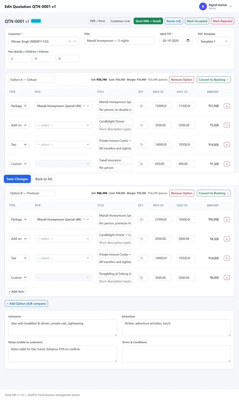 Travel quotation builder with Option A, Option B and Option C side by side, sell total, cost, margin and per-person price