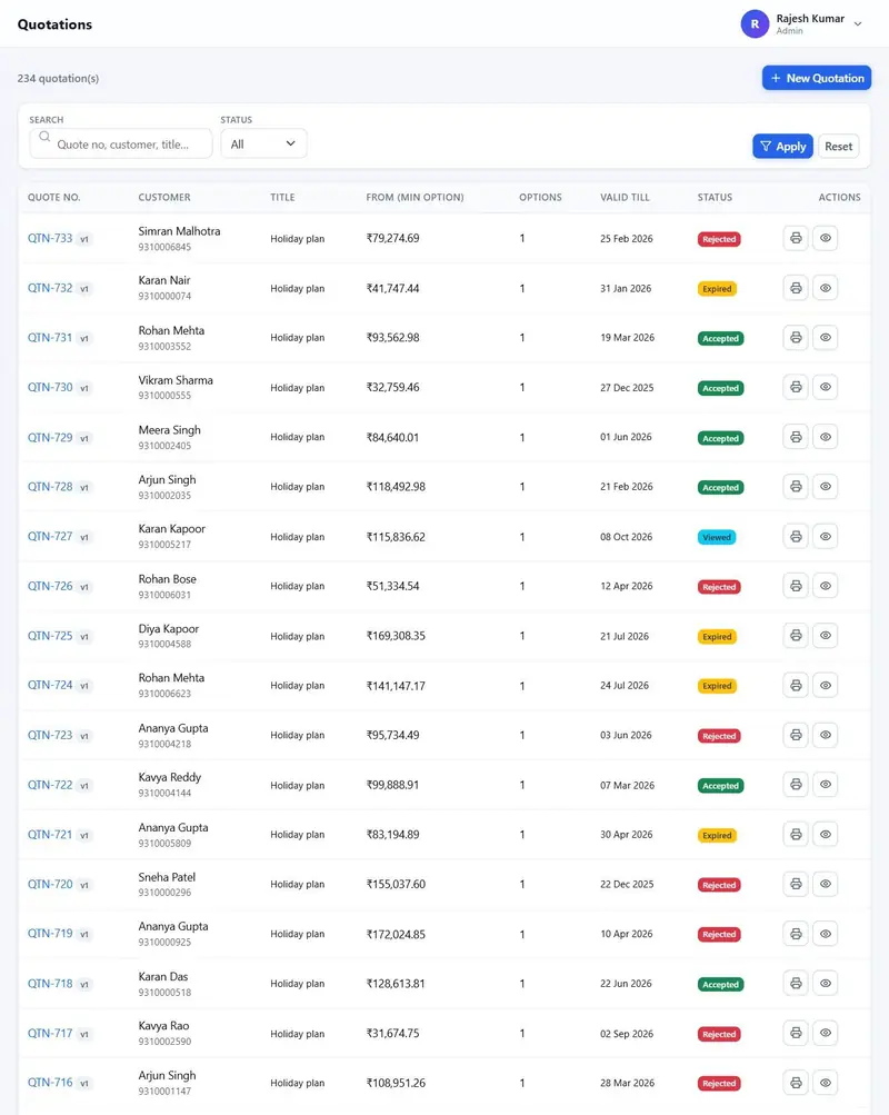 Travel quotations list with status filter Draft, Sent, Viewed, Accepted, Rejected and Expired