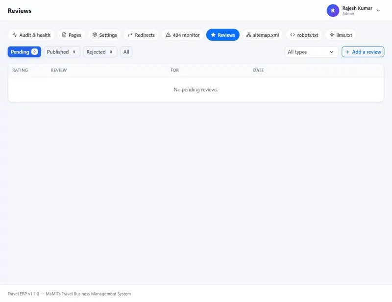 Reviews moderation screen to approve, reject, verify or reply to reviews