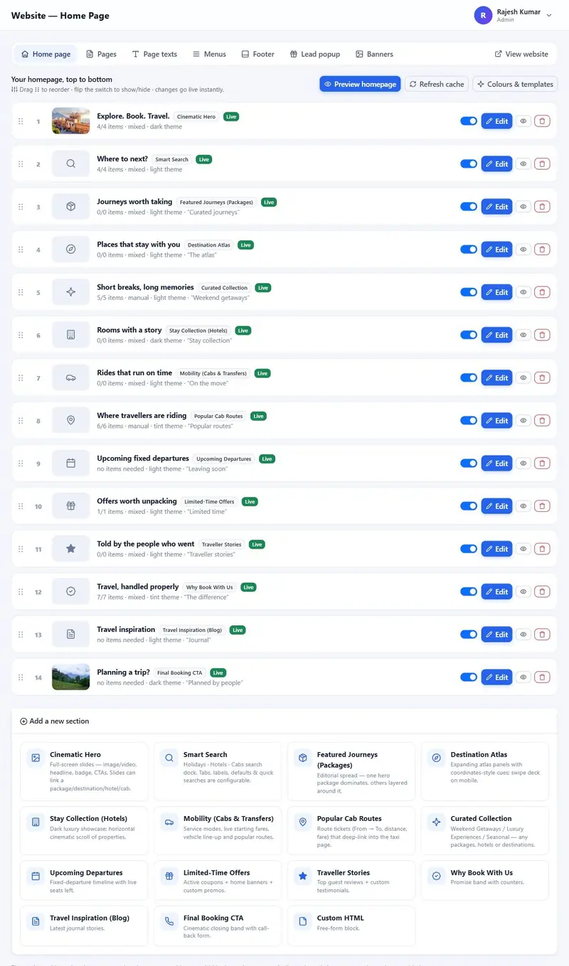 Travel website builder home page sections with drag-and-drop sorting, on and off switches and scheduling