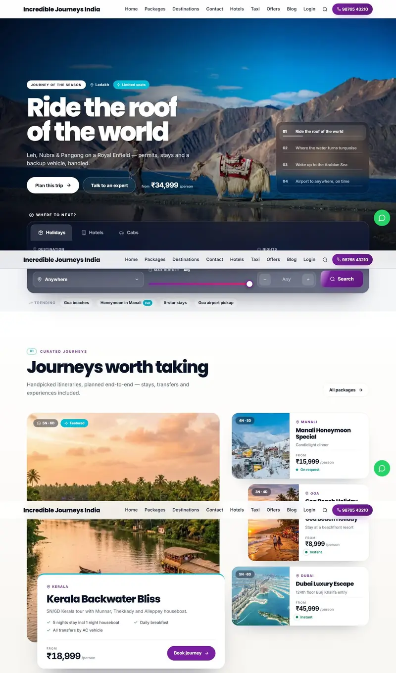 Public travel website home page built with the website builder, with cinematic hero, smart search and featured journeys